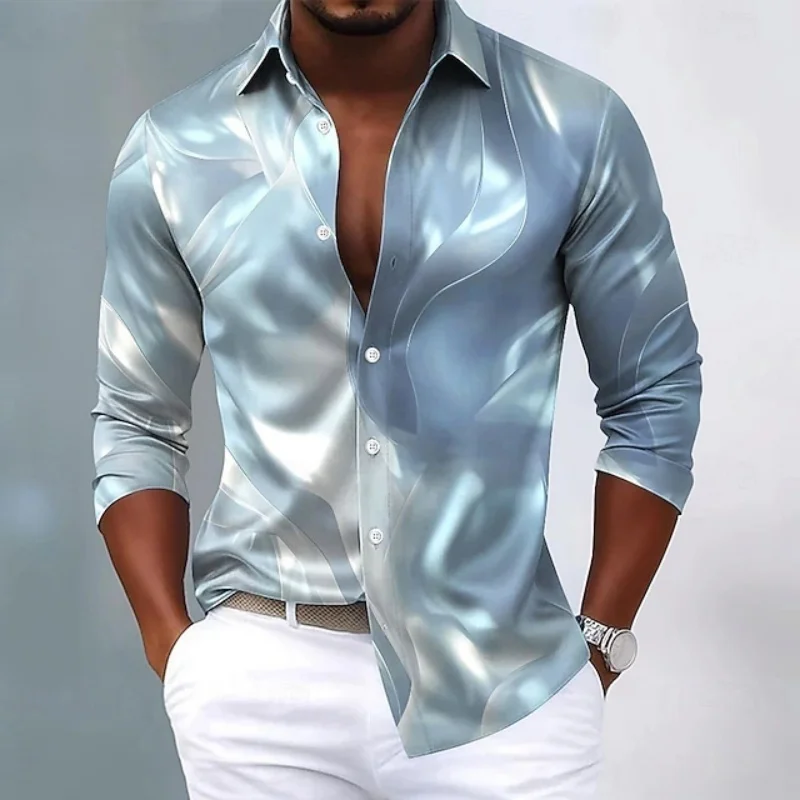 Men's Metal Fluid Gloss Long Sleeve Shirt Abstract Ripple Satin Texture Collar Party Light Luxury Men's Top