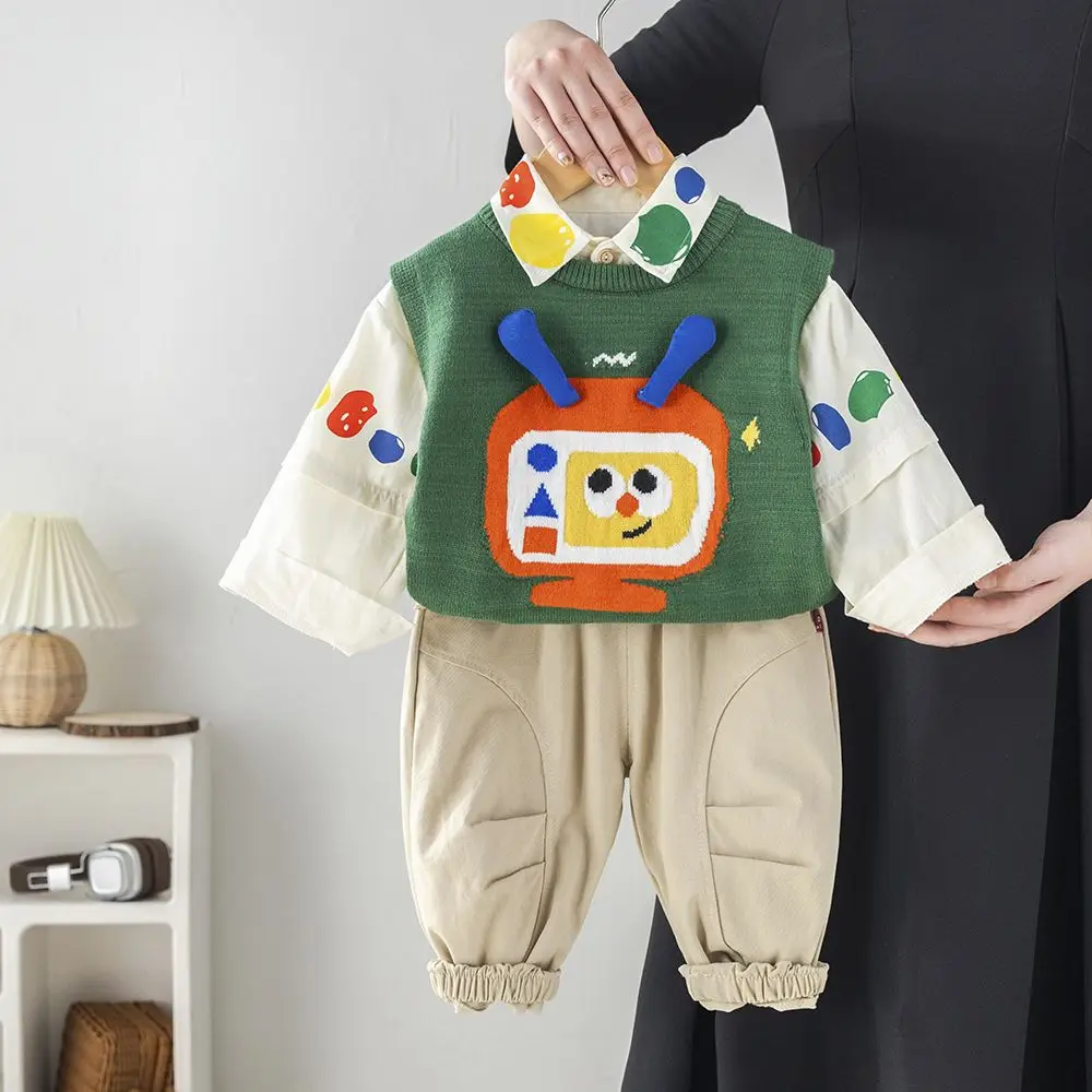 Boys' Spring Clothing Set 2025 New Fashionable Baby Clothes Children's Spring and Autumn Sweater Vest 3-Piece Set