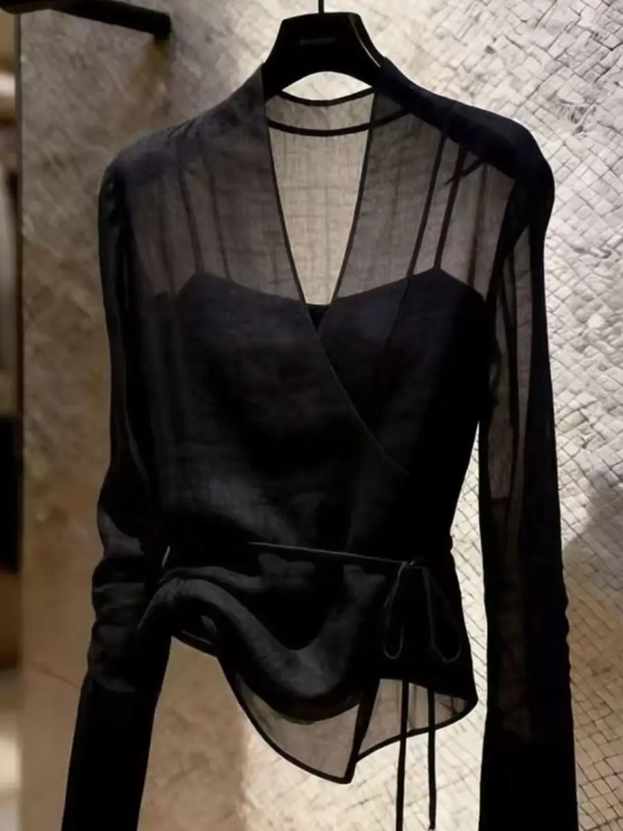 

Summer 2026 New Style Women's Long Sleeve V-Neck Pure Color Shirt Design Sensation Small Fashionable Belted Transparent Garment