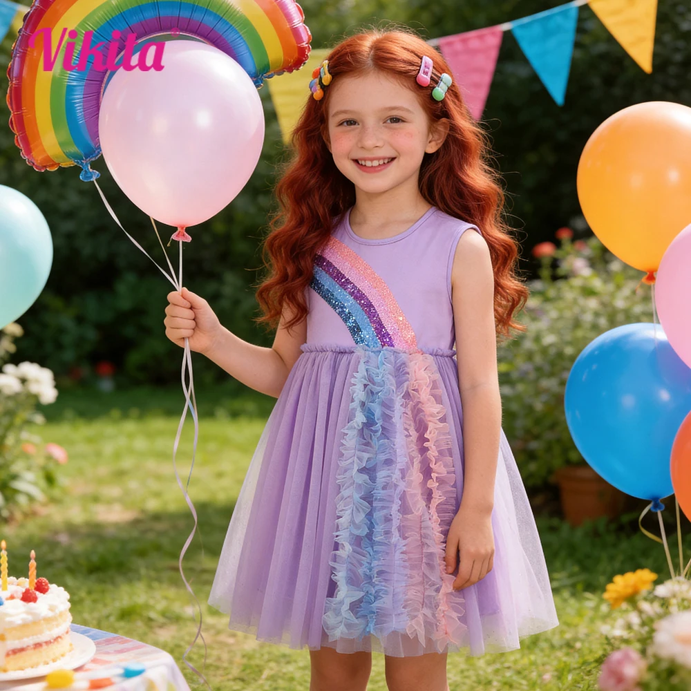 VIKITA Mädchen Lila Regenbogen Pailletten Ärmelloses Sommerkleid Kinder Mehrfarbiger Pastell-Tüll Prinzessin Elegante Party Casual Kleider