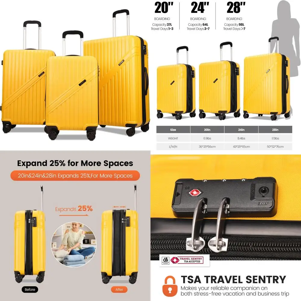 

3-piece expandable suitcases with wheels, pc+abs durable hardside luggage set, tsa lock