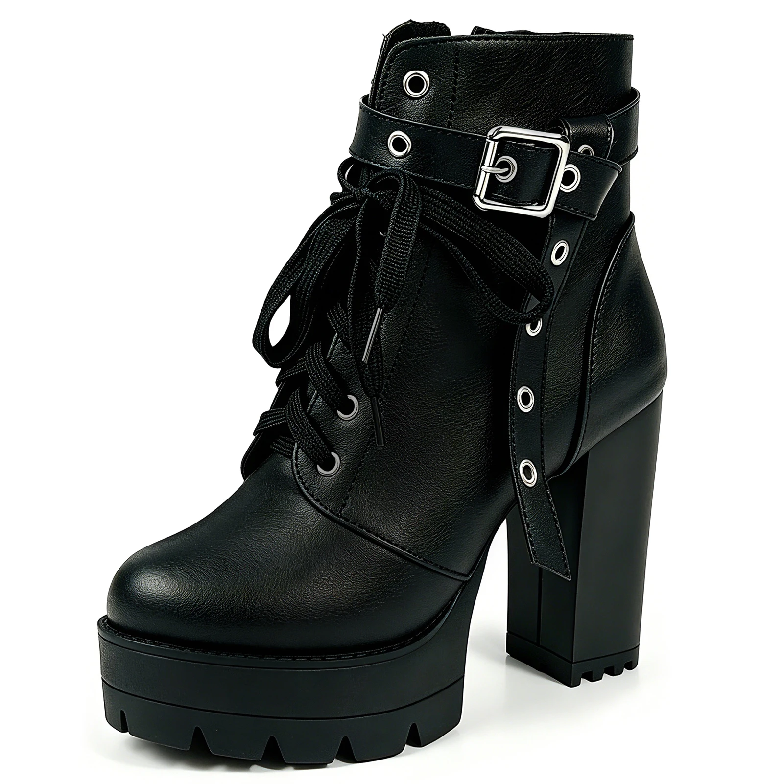 Black High Heel Boots Chunky Heel Boot for Women Platform Combat Booties Buckle Goth Shoes Lace Up With Zipper