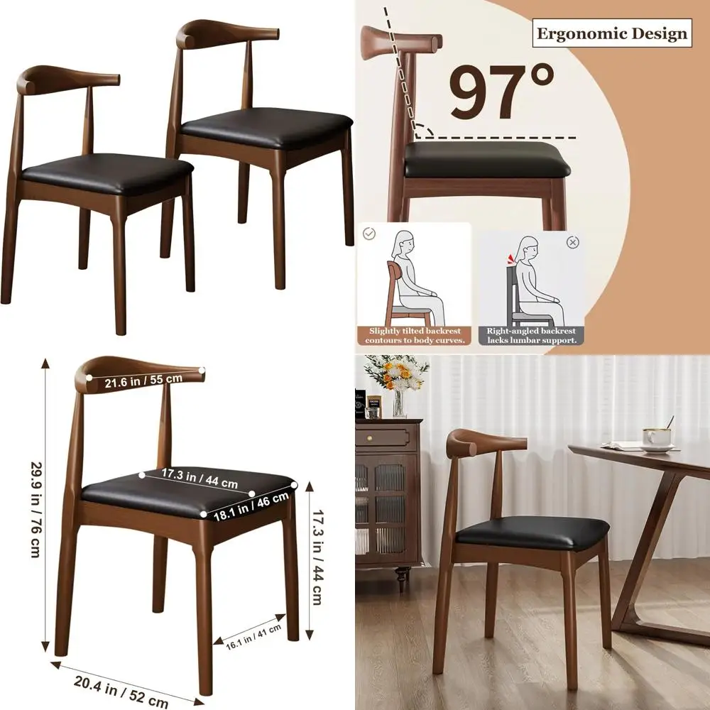 زوج من كراسي تناول الطعام الخشبية الصلبة الحديثة المصنوعة من خشب الجوز في منتصف القرن مع مقاعد من جلد البولي يوريثان المنجد ومساند الظهر المنحنية #1