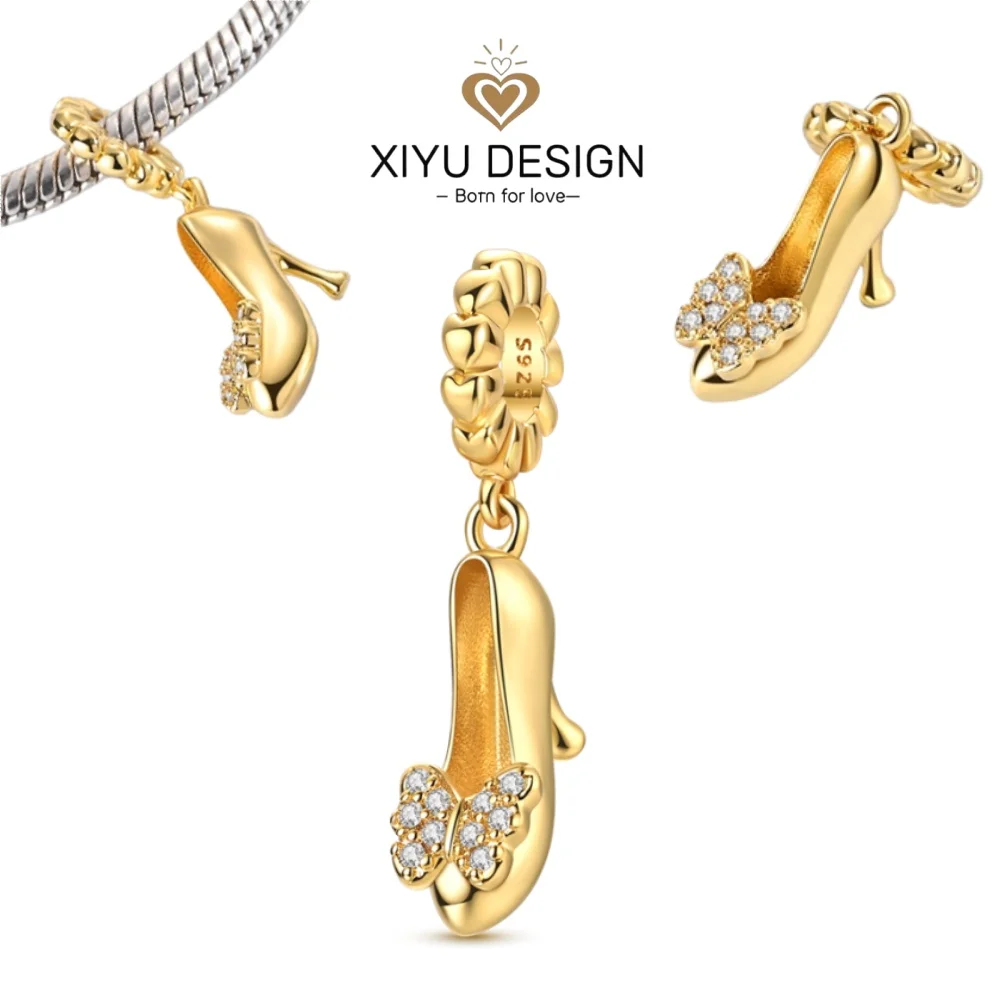 

Fashion Golden Butterfly High Heels 925 Sterling Silver Charm Pendant DIY Bracelet Necklace for Women Exquisite Jewelry Gift