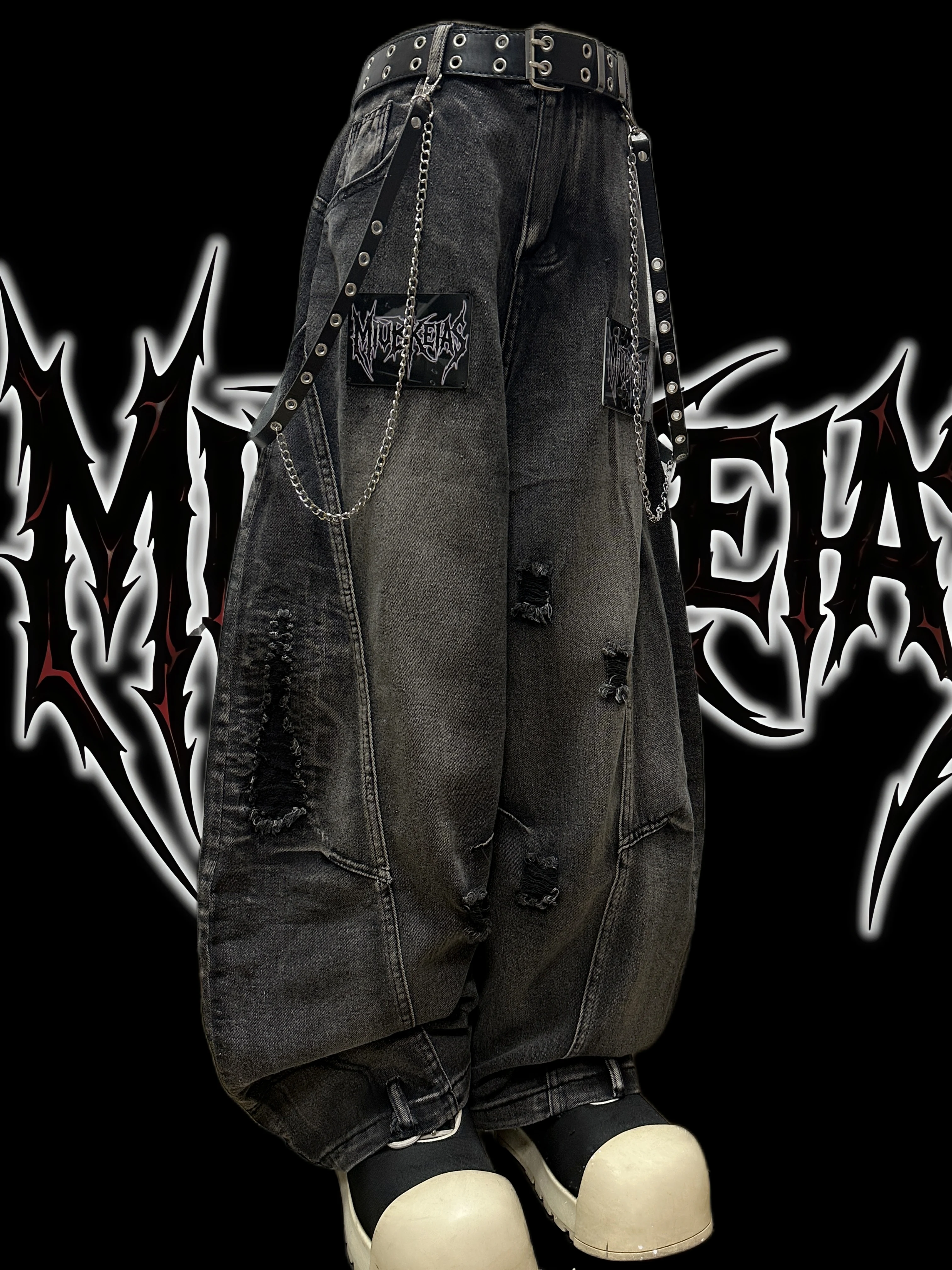 American Avant-Garde Ripped Letter-Printing Loose Jeans Men and Women Street Machete Wide Leg Pants Summer Autumn