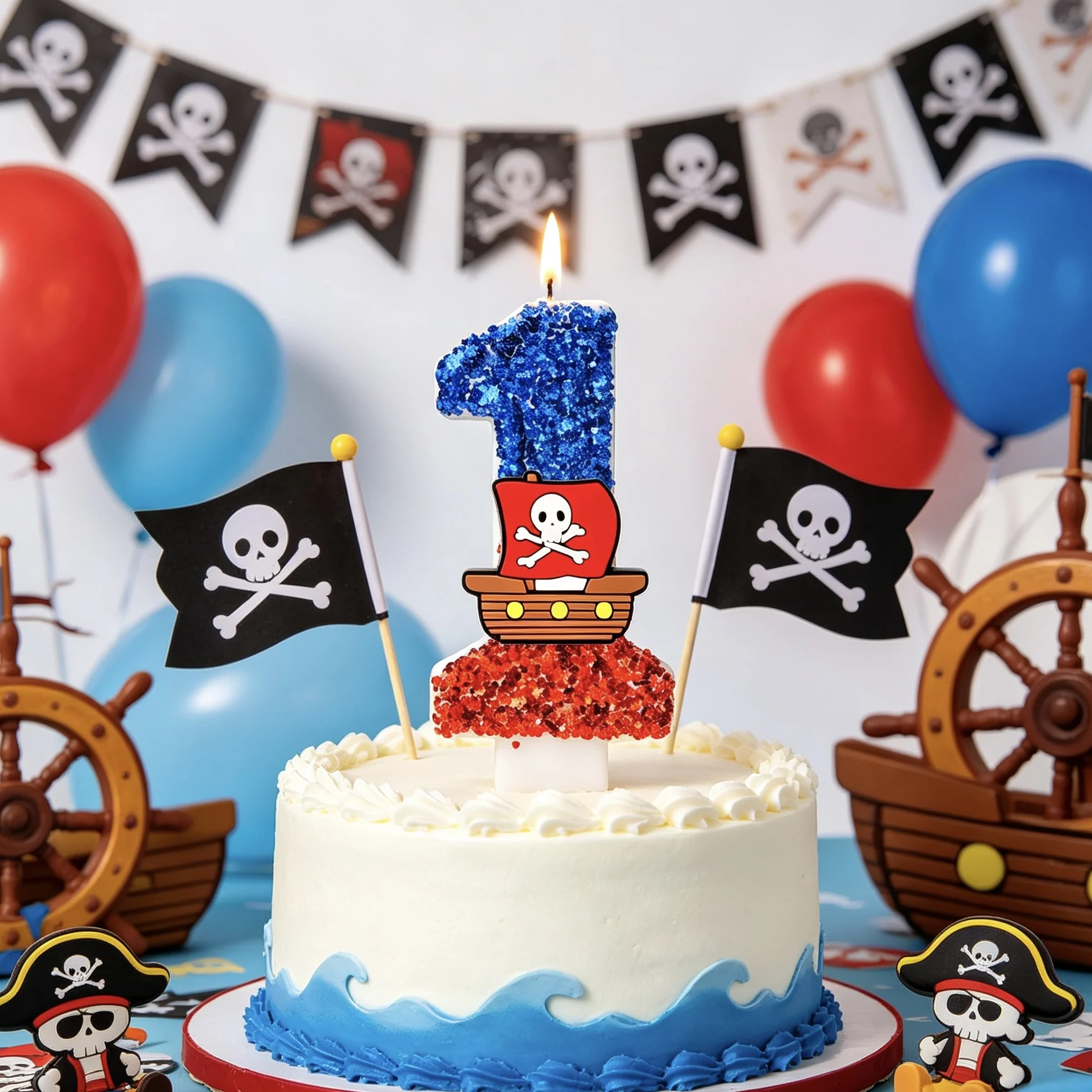 Piratenschiff Glitzer-Zahlenkerzen Totenkopf-Flagge Kuchendekoration für Kindergeburtstag Babyparty Feier-Zubehör