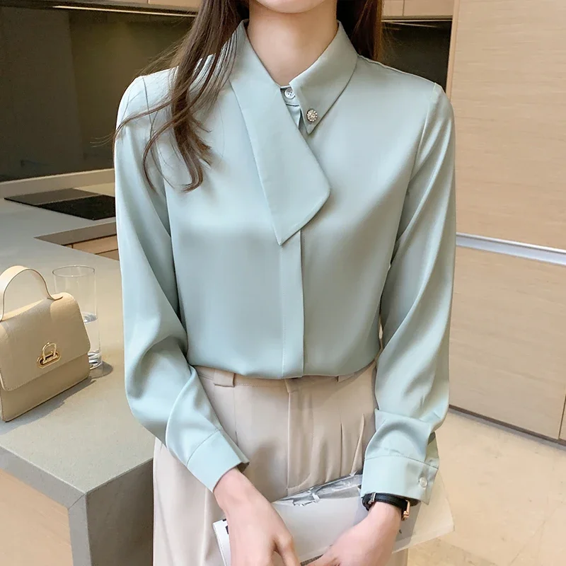 Women Long Sleeve Chiffon T-shirts 2023 Spring Autumn Turn Collar Office Lady Elegant Fashion Loose Tops Female Patchwork Tshirt