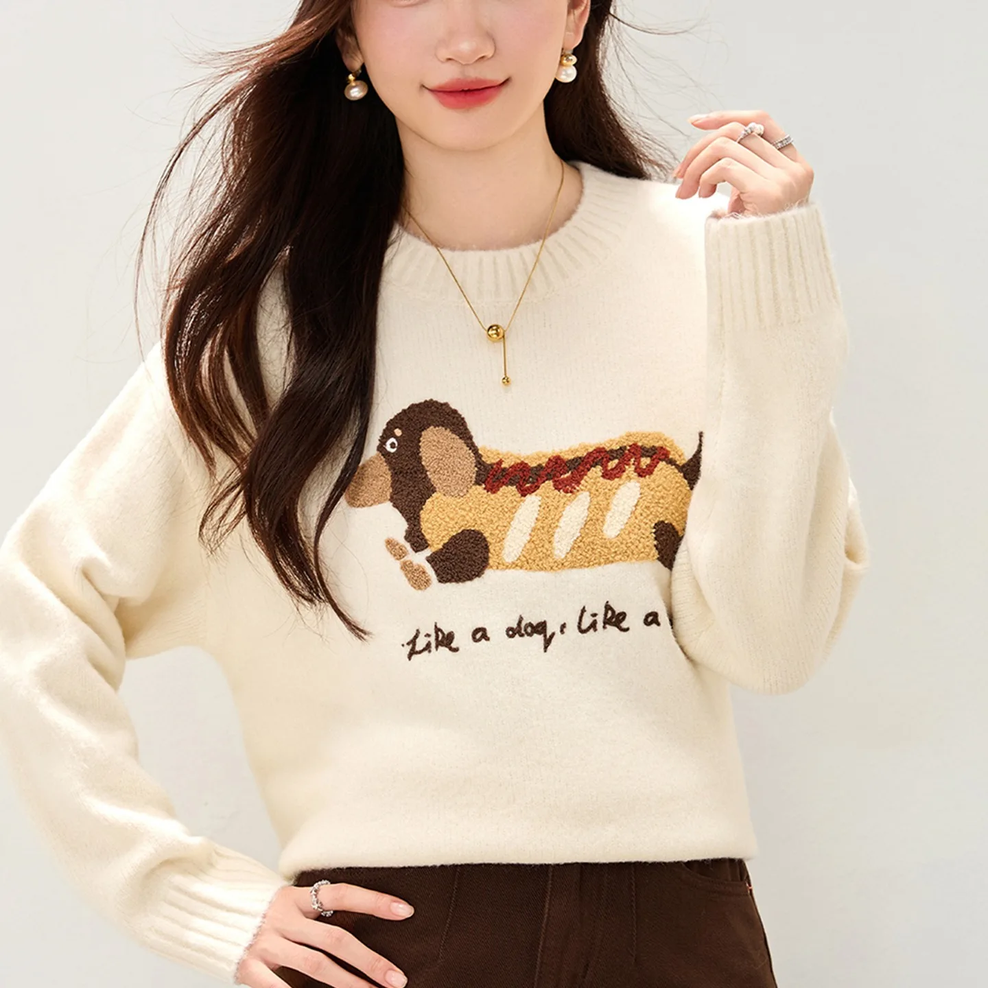 Fall Winter 2025 Women Sweater Dachshund Sausage Dog Embroidered Knitwear Pullover Top Long Sleeve Loose Women Clothes 510903