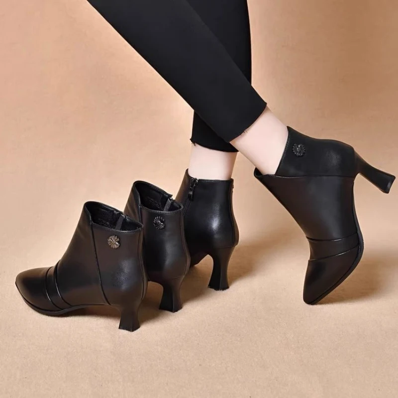 

Women Winter Warm Short Boots PU Pointed Toe Thin Stiletto Heel Non Slip Rubber Sole Side Zipper Comfort Fashion Casual Daily