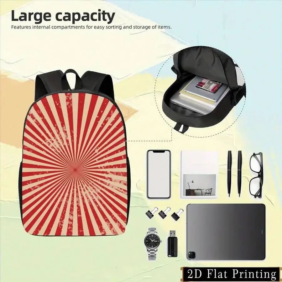 

Red And Beige Radial Stripe Polyester Backpack With Zipper Closure Large Capacity Multi-Compartment Unisex Travel School Bag