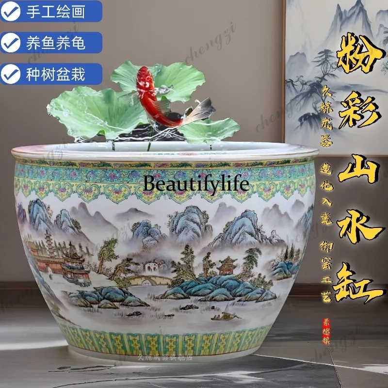 Jingdezhen hand-painted landscape painting ceramic goldfish tank painting tank living room study ornament large