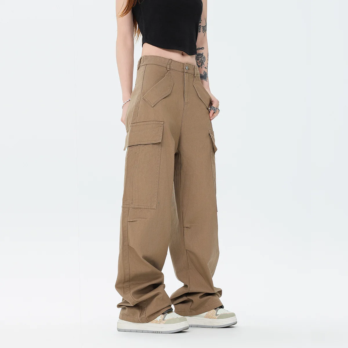 OR FL American Style Staraight 100 Cotton Women Cargo Trousers Trendy Brand Design Sense Slacks Women's Y2k Wide Leg Pants
