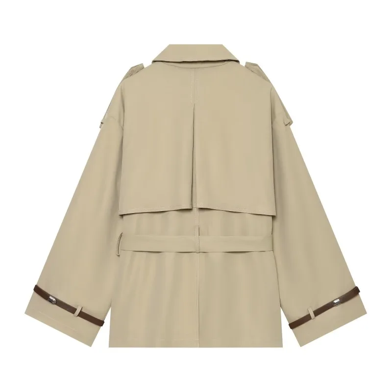CHARMCHANT Women's Short Trench Coat Double Breasted Lapel Belted Waist Epaulet Leather Strap Cuff Windbreaker Fall 2026