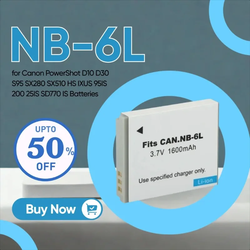 

3.7V 1600mah NB-6L NB6L Camera Battery for Canon PowerShot D10 D30 S95 SX280 SX510 HS IXUS 95IS 200 25IS SD770 IS Batteries