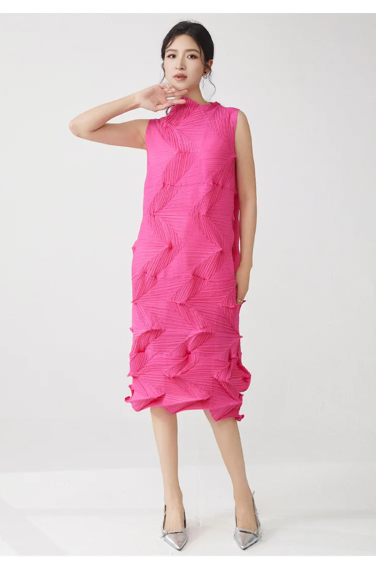 Miyake Plissierter Einfarbiger Rock 2025 Sommer Neues Kleid Elegantes Ärmelloses Loses Vielseitiges Midikleid – Detail 4