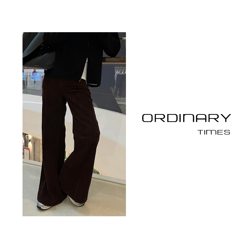 

Ordinary times Autumn Winter Corduroy Flared Pants Simple Sle l Waist Zipper Closure Wide Leg Pants for Women