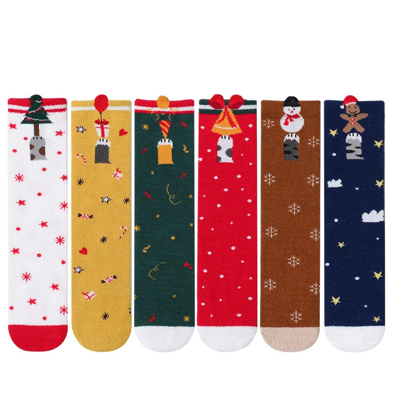 2022 Hot Parent-child Kawaii Cartoon Christmas Stockings Winter Thicken Coral Fleece Warm Knee High Long Baby Socks for Girl Boy