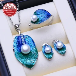 FENASY Bridal Jewelry Sets 925 Sterling Silver Stud Earrings Natural Pearl Leaf Pendant Necklaces Party Rings For Women