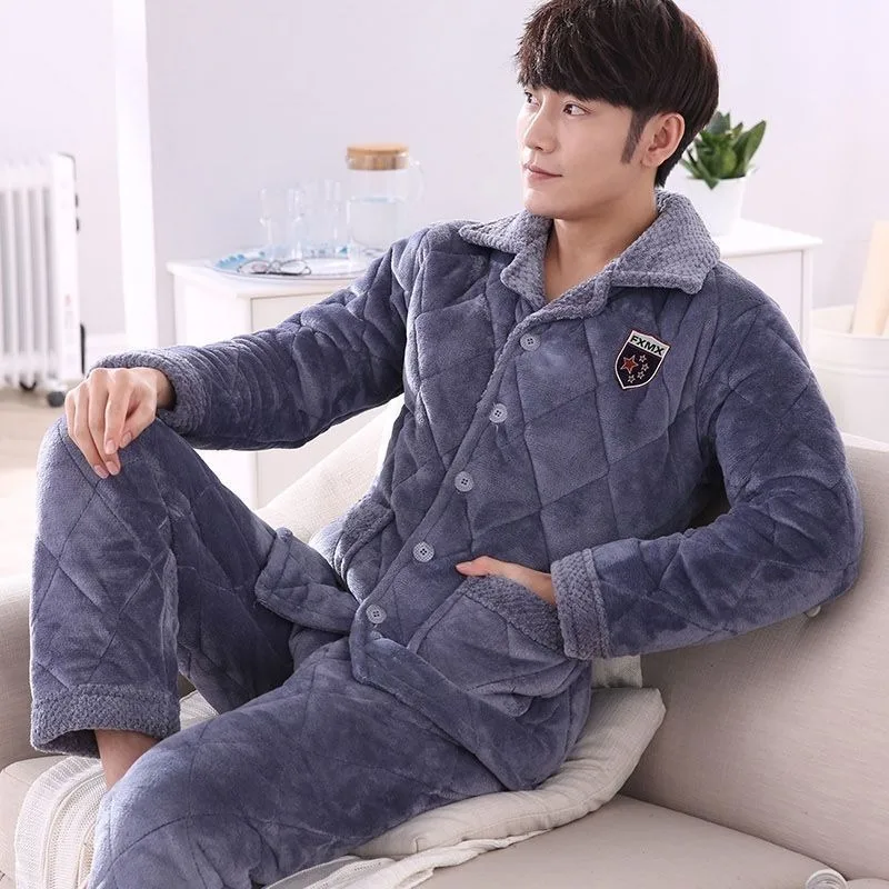 

Men Winter Home Clothes Triple Thick Sleep Suit Coral Fleece Cotton Pajamas Flannel Fashion Hosehold Apparel Warm Homewear Set