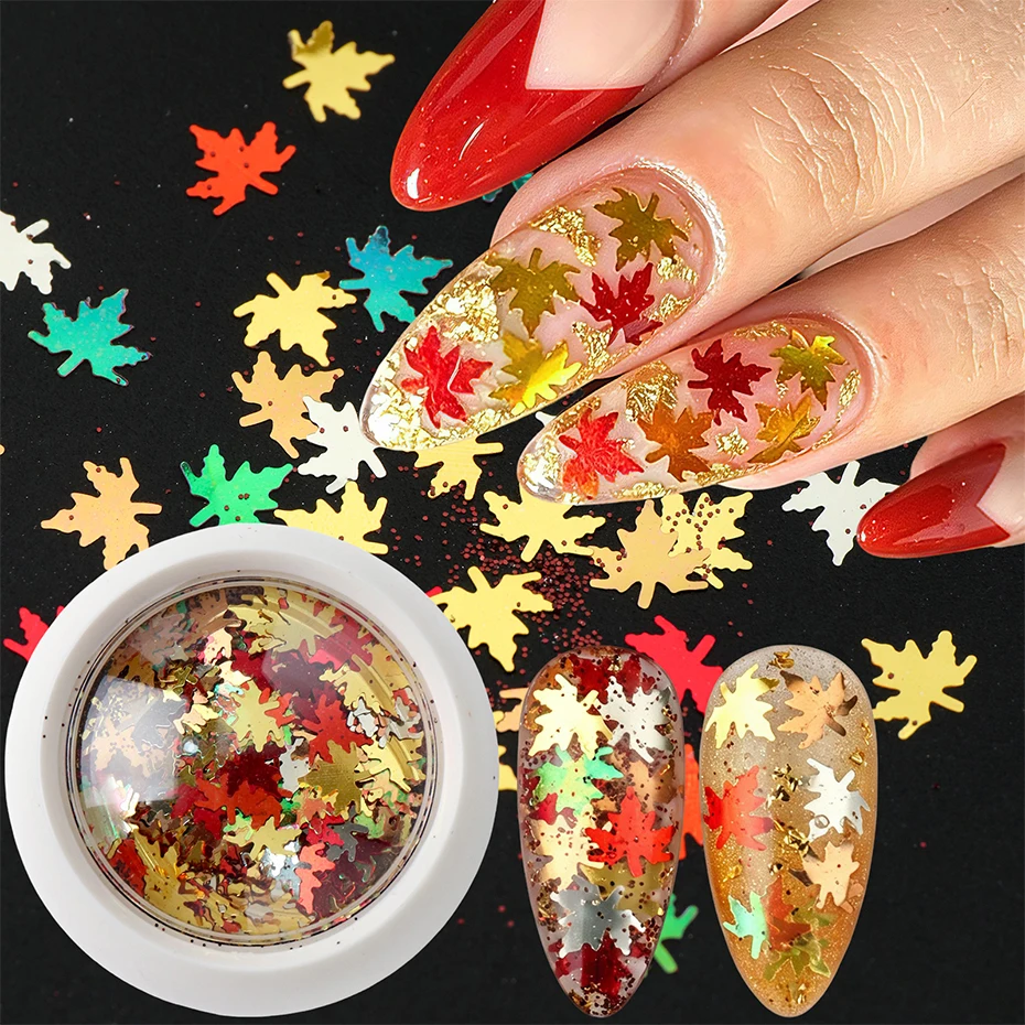 Fall Maple Leaf Nail Sequins Autumn Nail Art Glitter Flakes Leaves Nail Confetti Holographic Decorations Thanksgiving Manicure