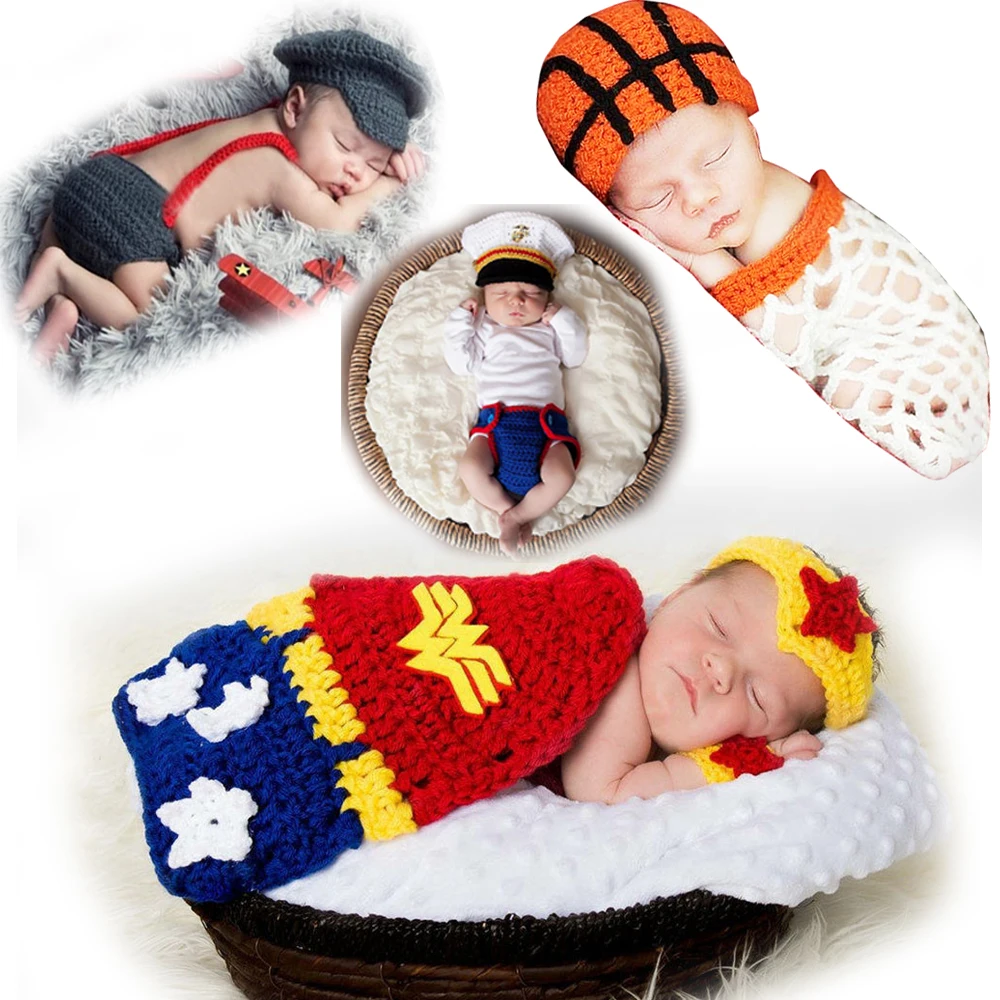 Pasgeboren Baby Fotografie Props Outfits Basketbal Hoed Designer Breien Hoepel Set voor Jongens Meisjes Nieuwe Oranje Babe Kostuum