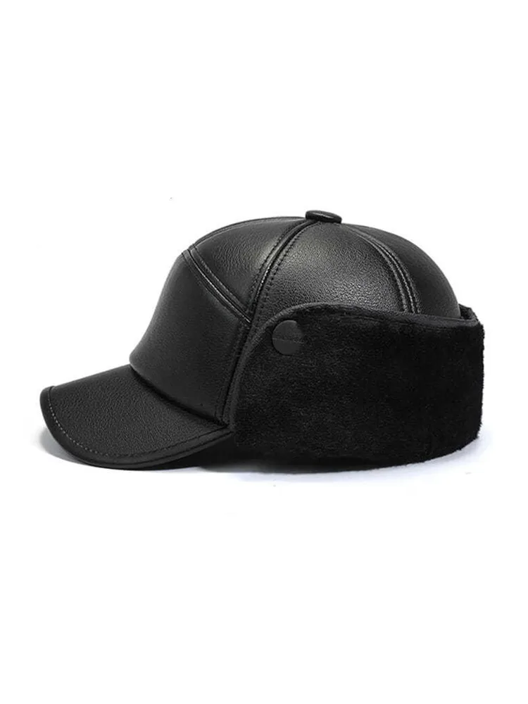 Verdickte, kältebeständige und warme Baseballkappe aus PU-Leder für Menschen mittleren Alters und ältere Menschen (ohrgeschützt) – Detail 2
