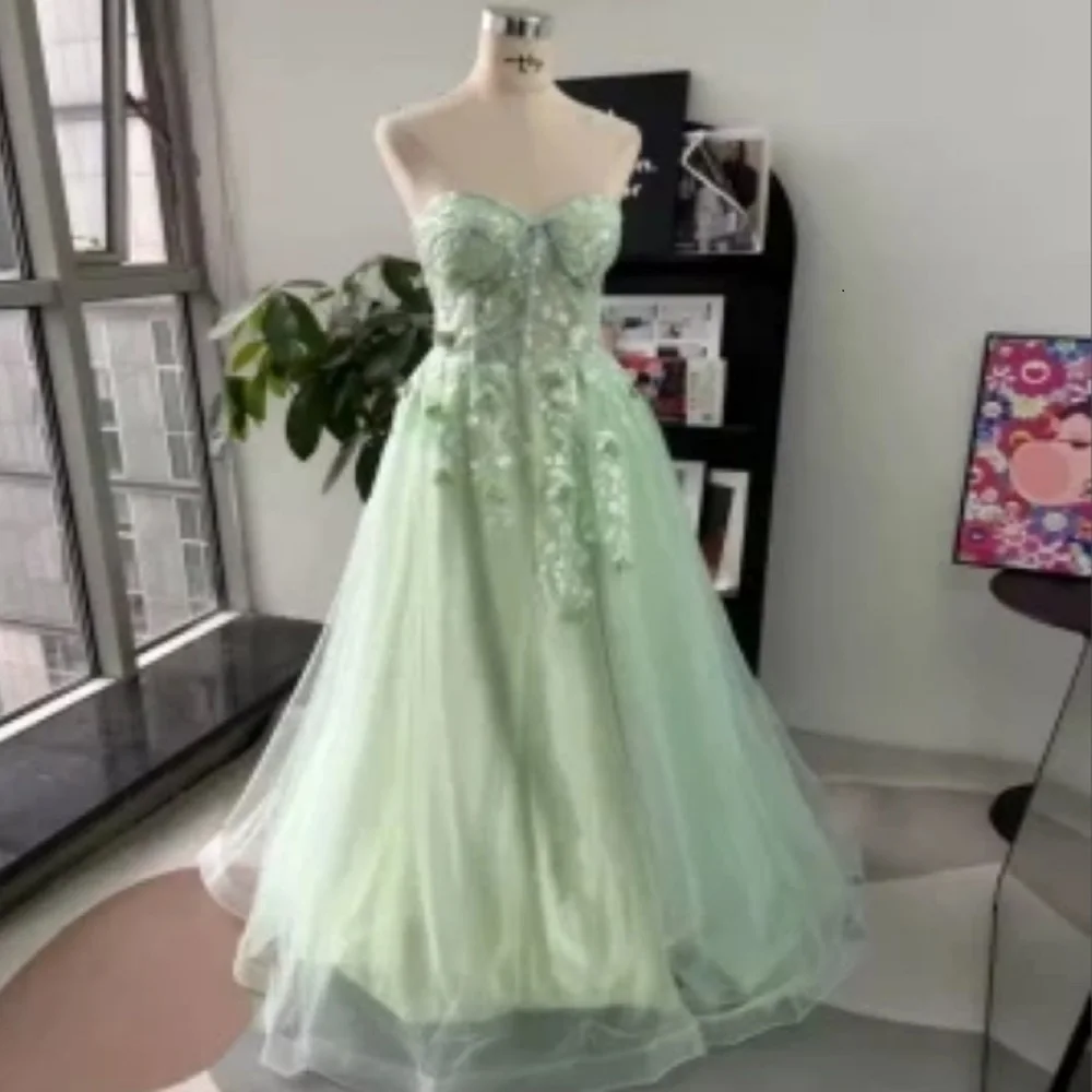 

ZJ6085 Customized Sweetheart Mint Green Korea A-line Strapless Puffy Wedding Dresses Photo Shoot Corset Bridal Gown