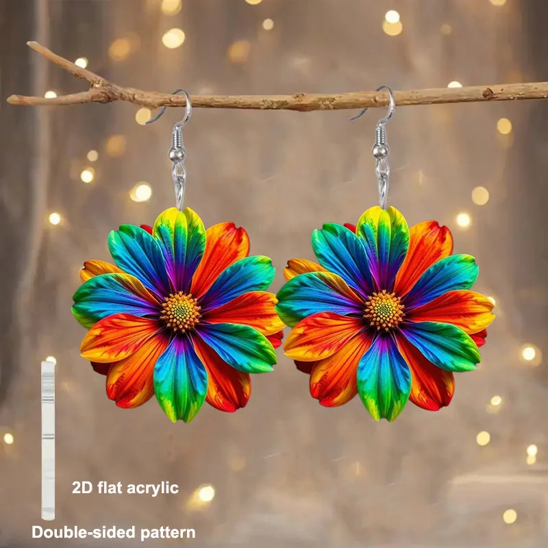 Vintage Acrylic Ethnic Style Sunflower Flower Drop Earrings Fashion Colorful Petal Printing Dangle Earring Gifts for Women