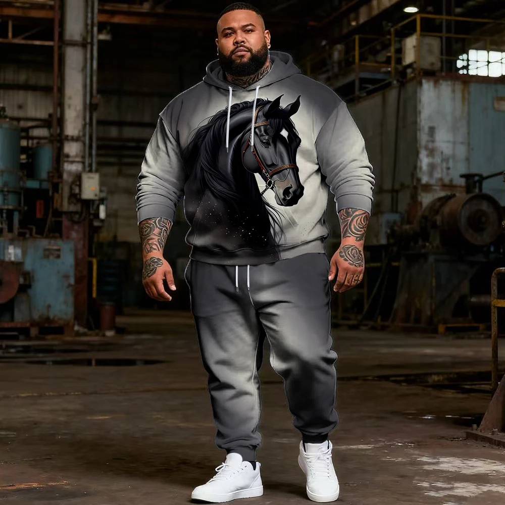 

S-9xl plus size Men's Hoodie Set: Horse Accents - 2-Piece Sporty-Chic, Soft Warm Fabric, Sleek Equine Prints, Fit Big Tall Guys