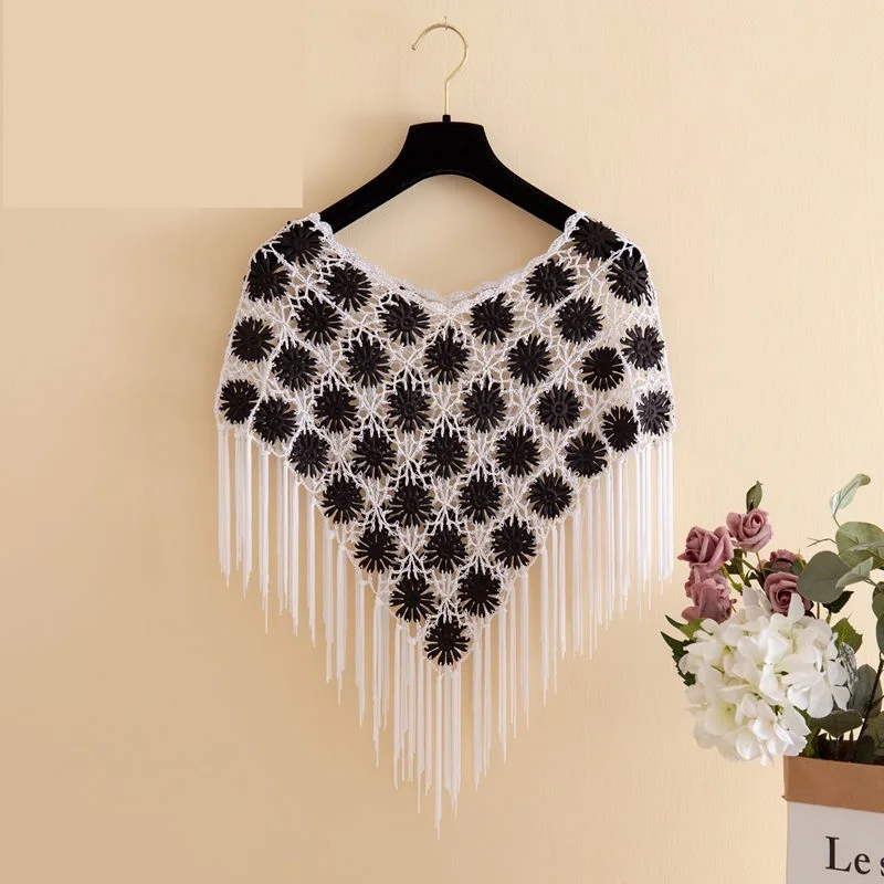 Spring Summer Hollow-out Tassel Mesh Capes Sunscreen Pullover Handmade Lace Shawl Lady Cloaks Sandy Beach Poncho Black