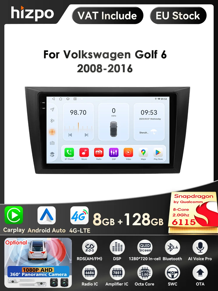 Carplay 4G 9 zoll AI System Android 14 Auto Radio für Volkswagen Golf 6 2008-2016 Multimedia Video Player GPS 2din Autoradio DSP