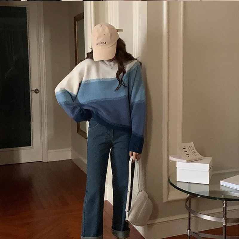 الكورية نمط لينة شمعي الجولة الرقبة متماسكة سترة المرأة البلوز 2025 الخريف/الشتاء تصميم جديد غير رسمي فضفاض كسول محبوك