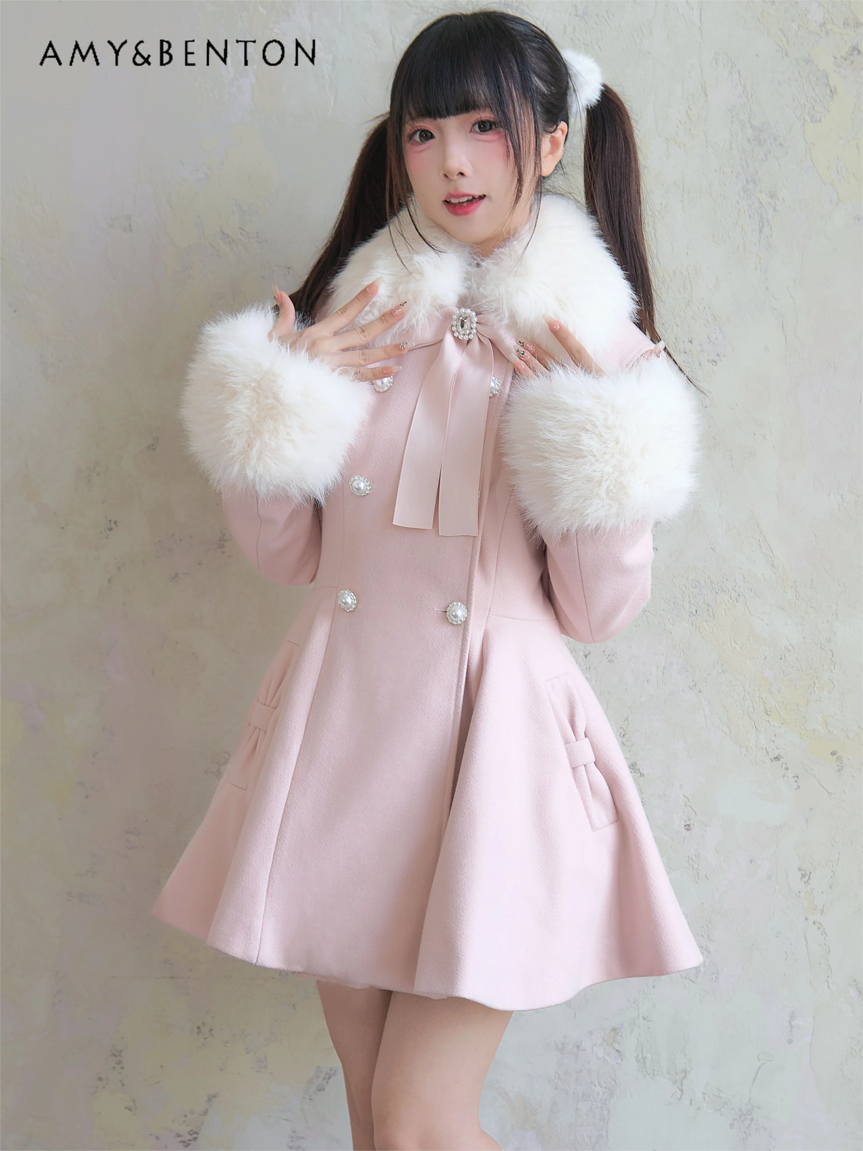 Lolita Mine Mass-produced Wool Coat Autumn Winter Japanese Sweet Girl Plush Lapel Double-breasted Slim Mid-length Woolen Coat