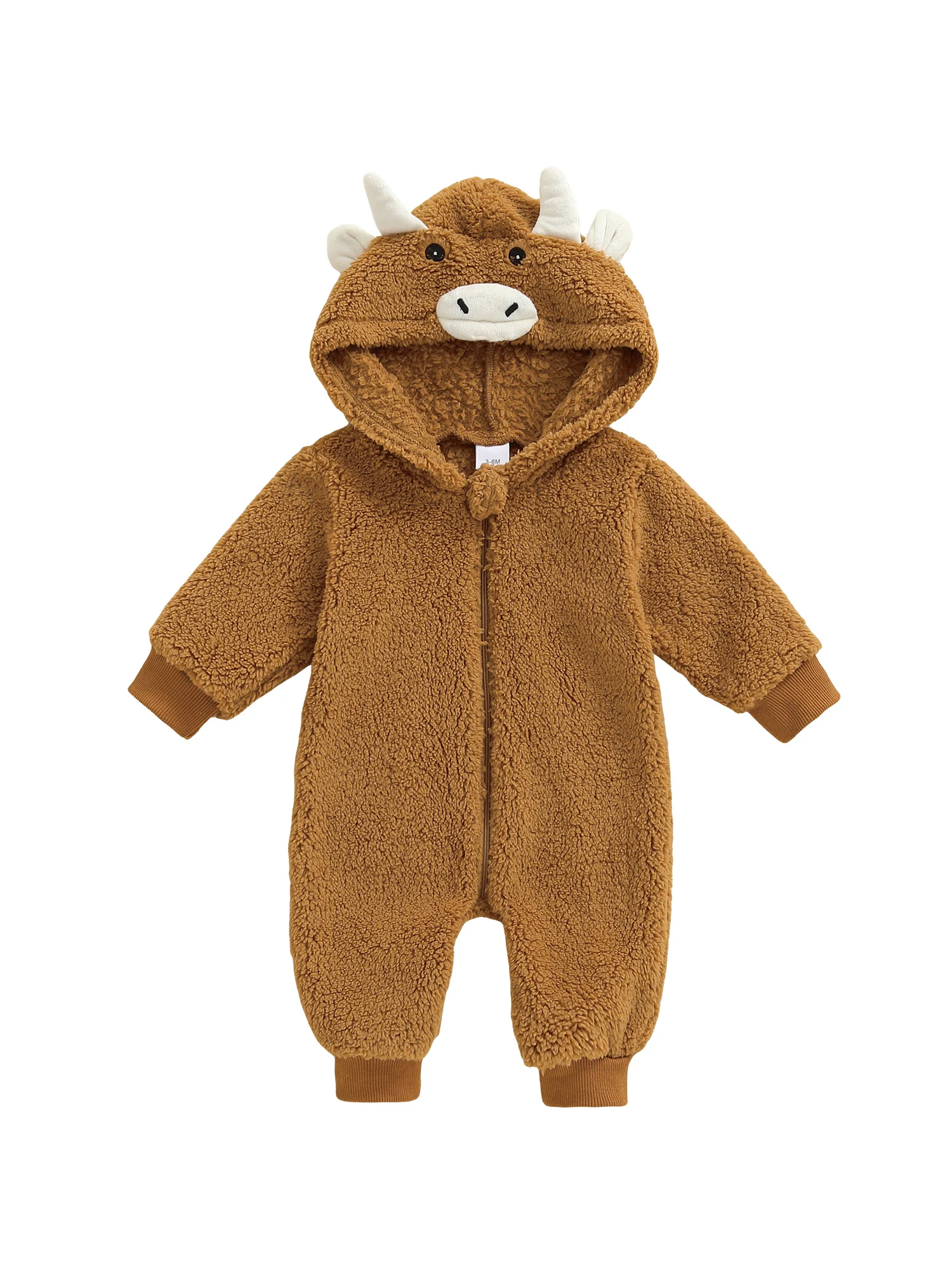 

Toddler Halloween Cow Costume Soft Fleece Hooded Jumpsuit with Zipper Closure for Autumn Winter Dress-up Party Outfit