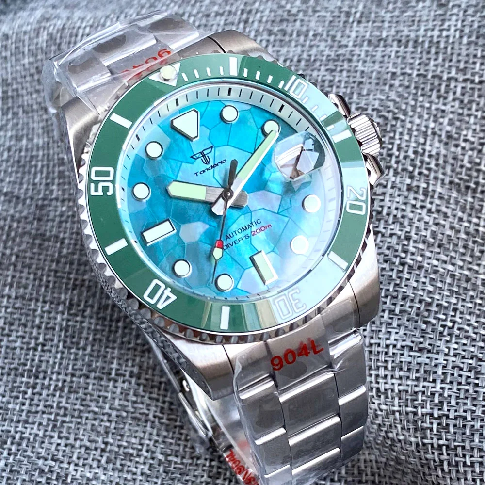 Tandorio 40mm Turquoise green Mother of Pearl Dial Sapphire Glass Japan NH35A Auto Men Watch Date 20ATM Diver Roating Bezel Lume