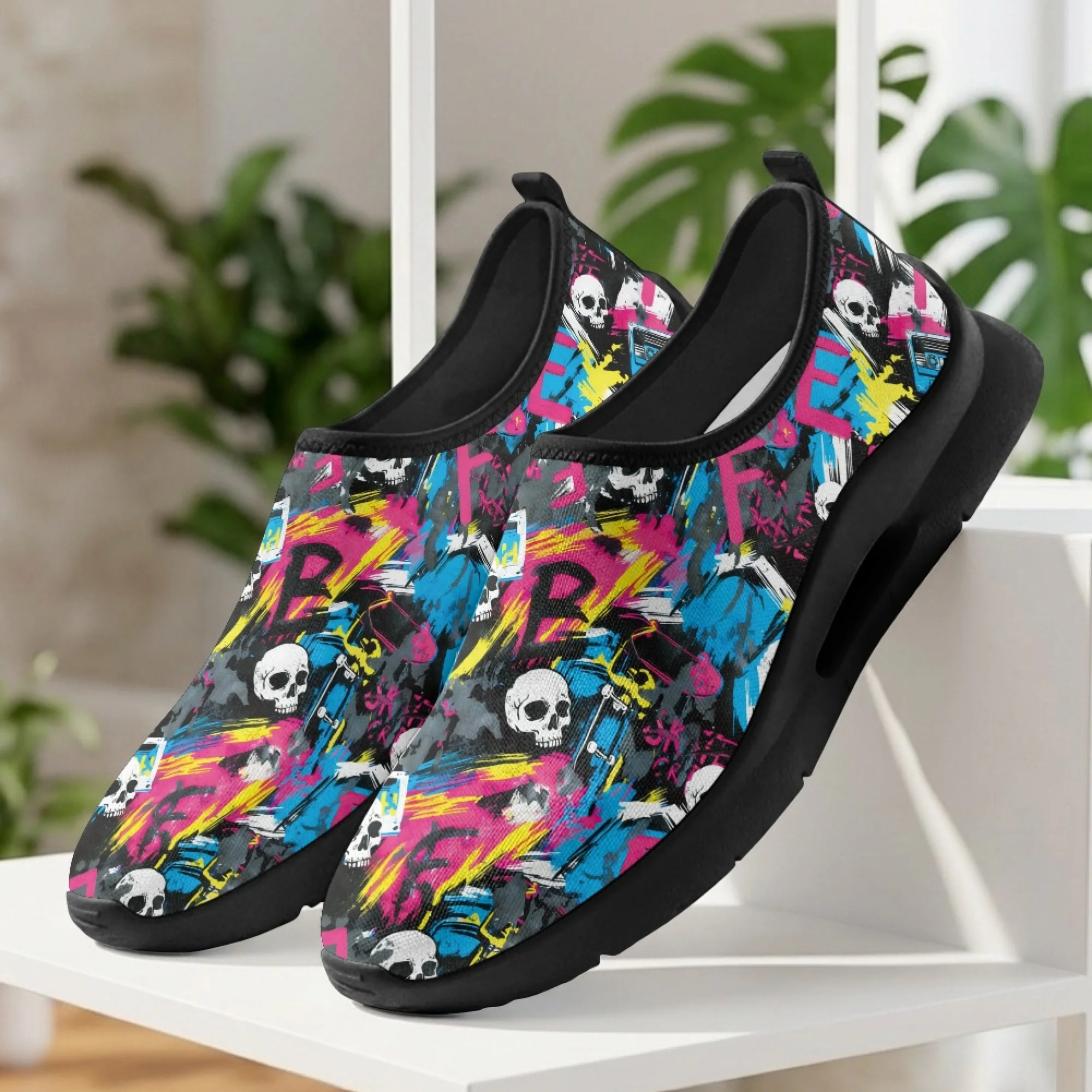 XIXIRIMIDO Skull Music Mens Casual Shoes Slip On Walking Sneakers Womens Gym Workout Shoes Breathable Mesh Walking Shoes 35-48
