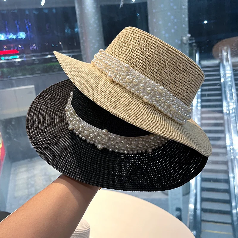 2023 New Flat Top Straw Hat Pearl Decoration Leisure Summer Sunscreen Hat Women\'s Fashionable Beach Boater Hat Gifts