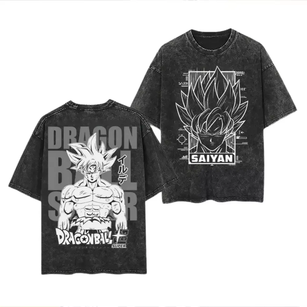 2026 Sommer Dragon Ball Goku Saiyan Washed Herren Nostalgisches T-Shirt 100% Baumwolle Familien-Matching Oversized Unisex Retro Anime Oberteil