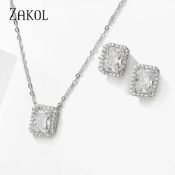 ZAKOL Simple Rectangle Heart Shaped Zircon Earrings Necklace Jewelry Set for Women Shiny Cubic Zirconia Party Accessories Gift