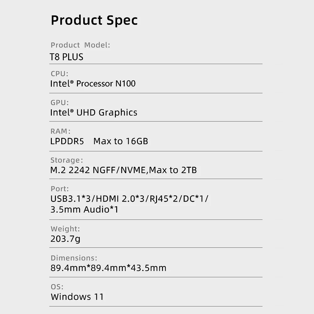 T8 Firebat PLUS คอมพิวเตอร์ขนาดเล็ก Gamer Intel N100 CPU Windows 11คอมพิวเตอร์ขนาดเล็กเกมส์ PC LPDDR5 16GB RAM 512GB SSD NVMe M2 WIFI5 BT4.2เดสก์ท็อปพีซี