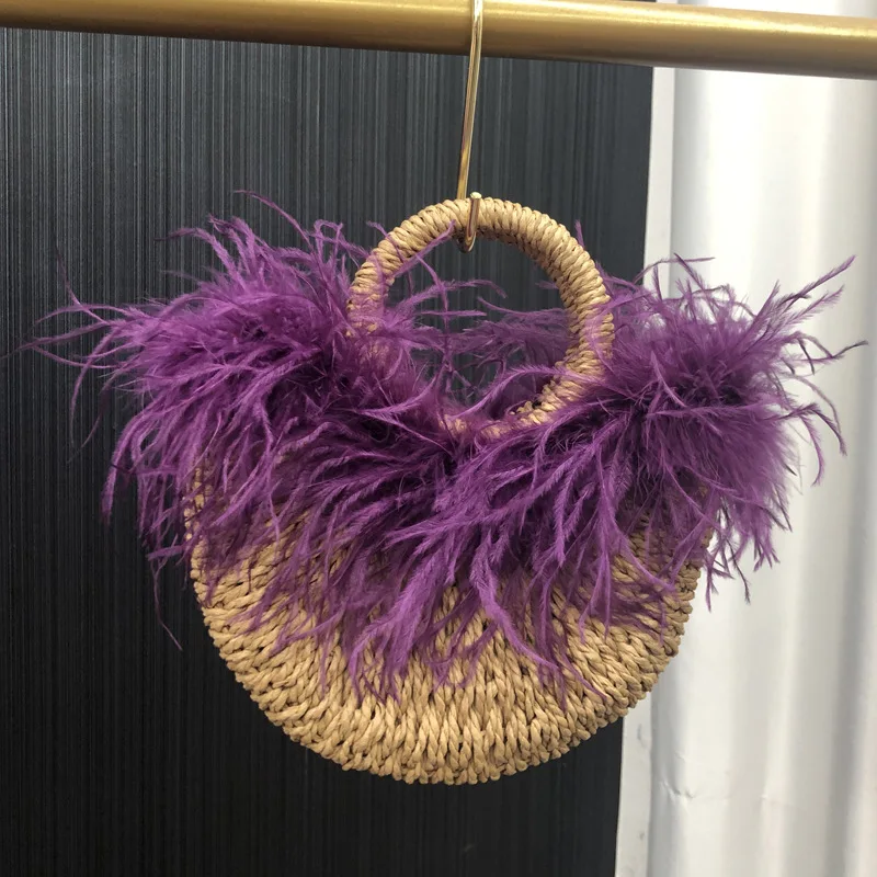 Ostrich Feather Wedding Bag Bride Cabbage Basket Women Vacation Woven Bridal Handbag Formal Party Accessories