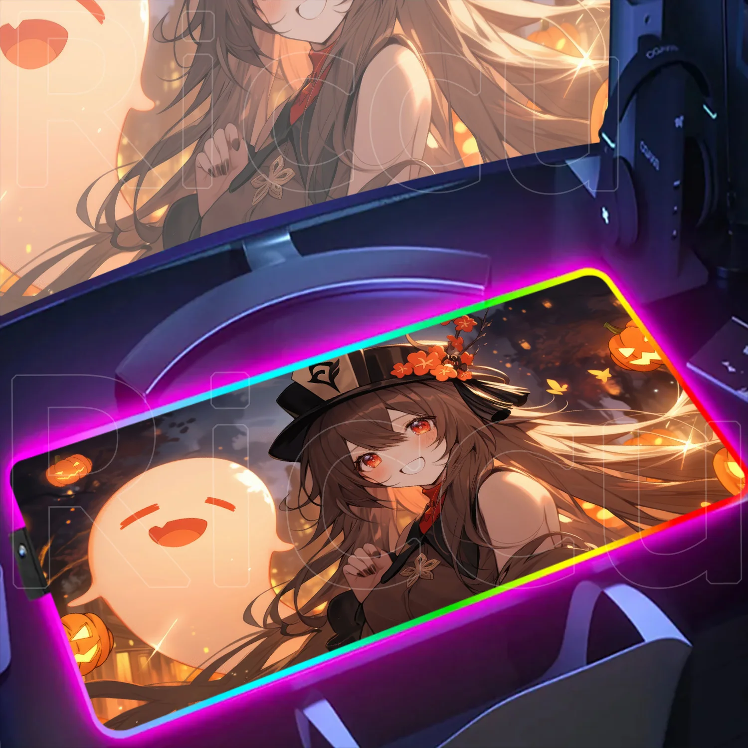 Genshin Impact Hu Tao RGB HD Printing KeyboardMat LED Table Pads Backlit Rubber Gaming Accessories Aesthetic Decoration Mousepad