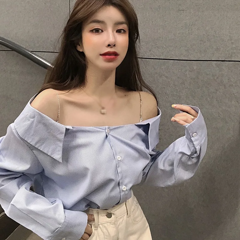 Women\'s Spring Autumn Chain Long-Sleeved Shirt Female Korean Style A One-Line Collar Strapless Loose Short Paragraph Blouse