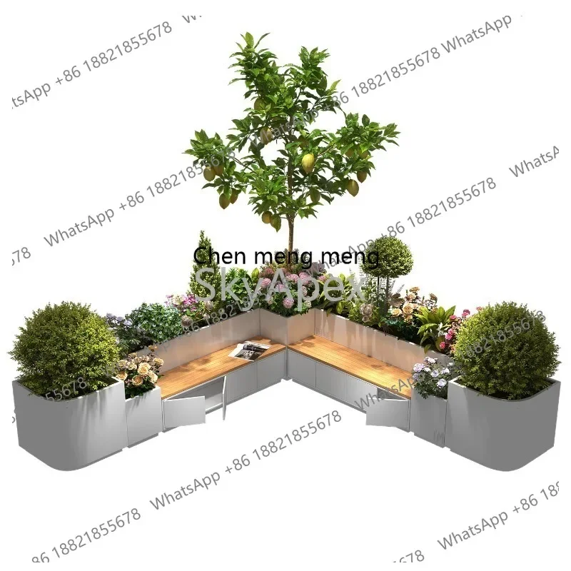 M02 Courtyard Stainless Steel Flower Box Bench Combination Rustproof Outdoor Garden Terrace Landscape Fence Partition Planter
