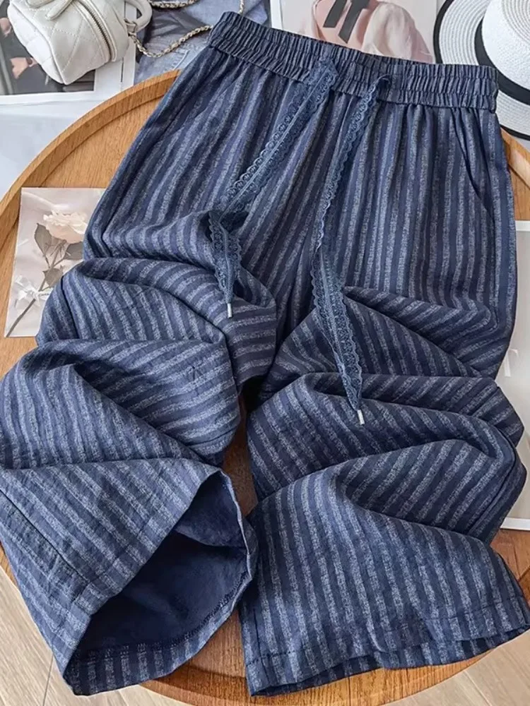 Blue Striped Linen Wide Leg Pants Women's Summer High Waist Elastic Drawstring Lyocell Cotton Linen Straight Casual Long Trou...