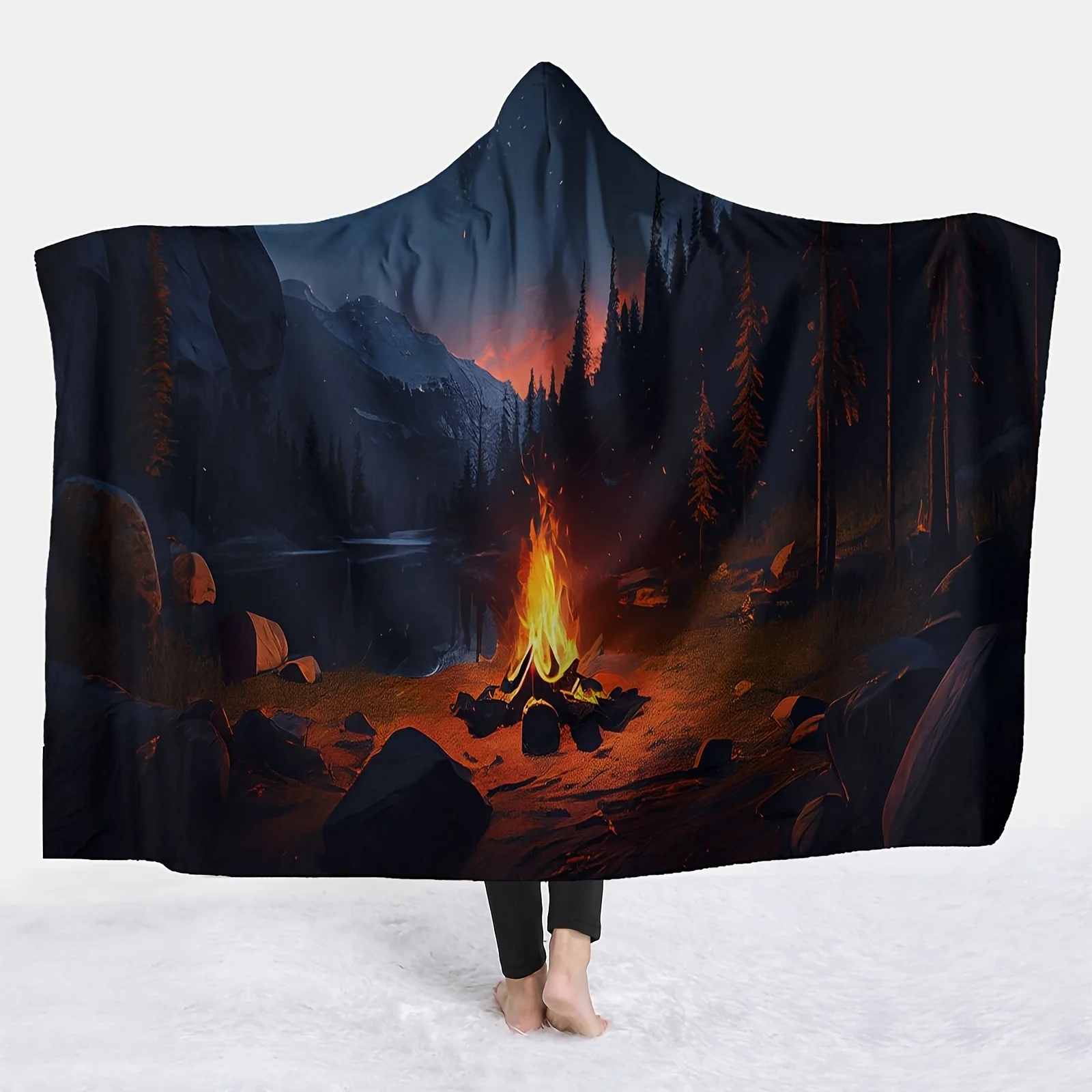 Launch 1pc Camping Pattern Hooded Blanket, Digital Printed Flannel Throw, Magic Hat Blanket, Soft And Warm Blanket