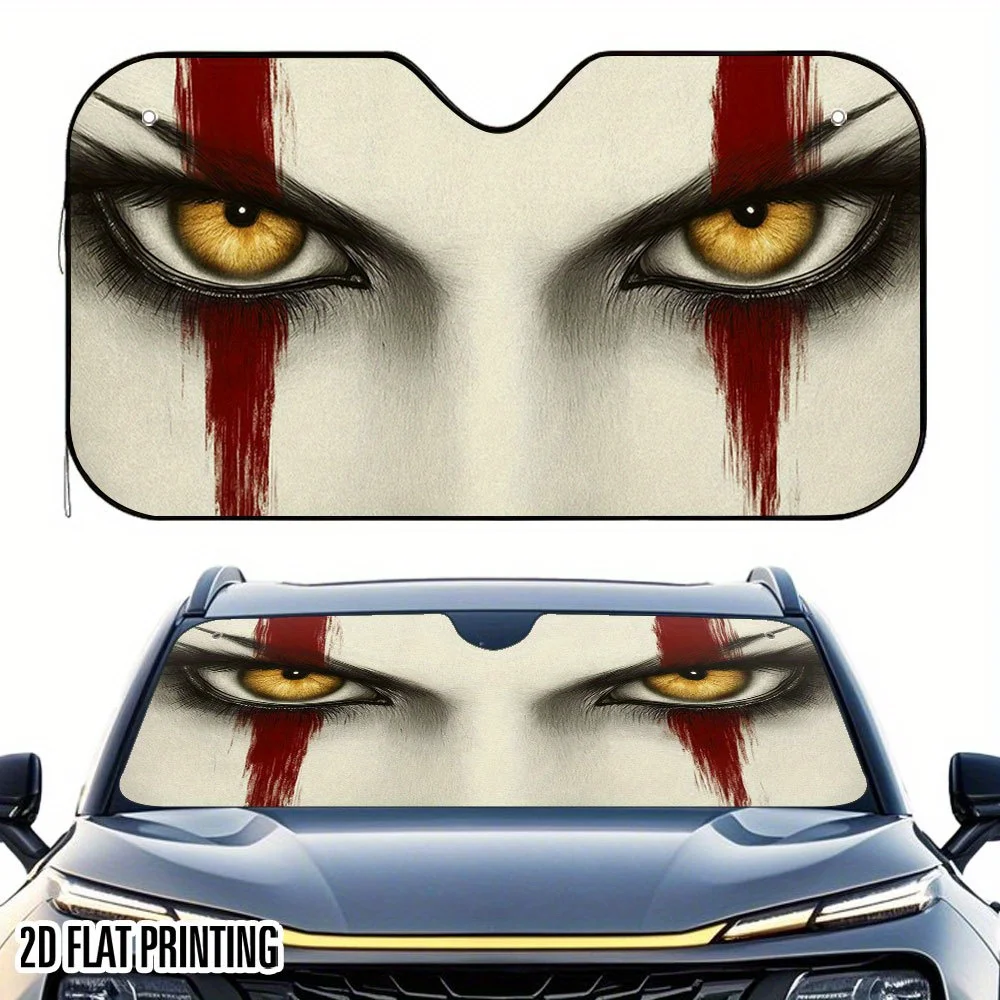 1pc 2D Flat Terrifying Gaze Design Car Sunshade – Stylish & Efficient, Keeps Your Vehicle Cool, Includes 4 Suction Cups, Foldabl
