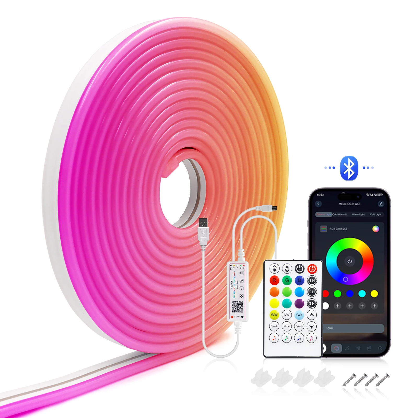 Bluetooth Remote Control USB 5V RGBCCT Dreamcolor Neon LED Strip Light Waterproof Neon Rope Light with Music Sync Tape 1M 2M 5M
