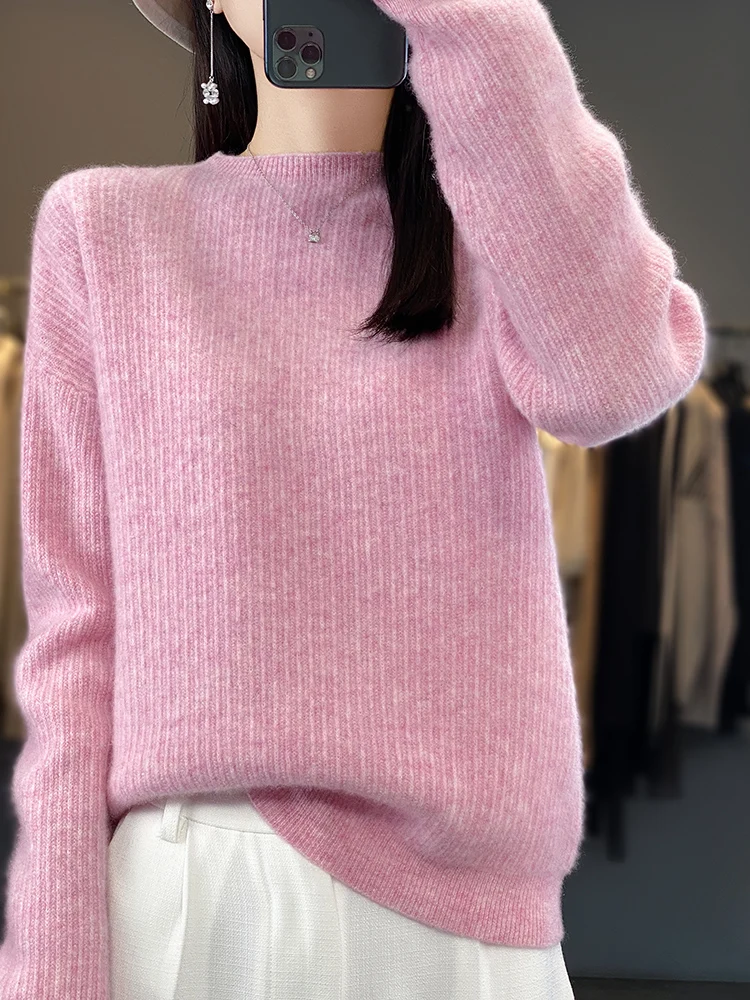 100% Wool Knit Sweater Women\'s O-Neck Loose Long-Sleeved Pullover Solid Color Jacquard Warm Basic Shirt Autumn Winter New Thick