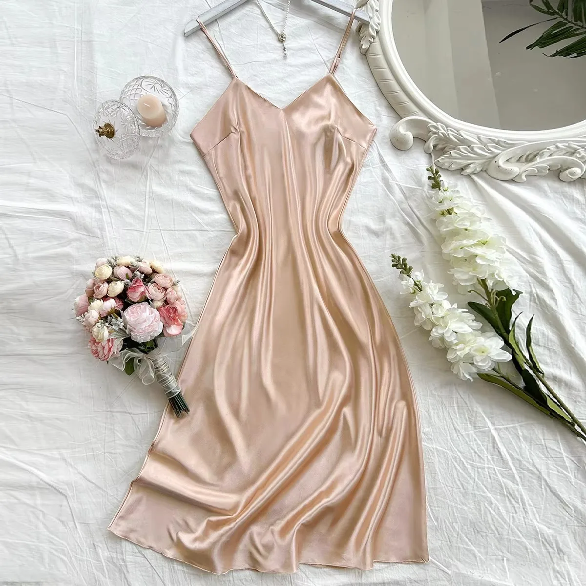 Elegante camisón de noche para mujer, sexy, cómodo y de corte largo, pijama de color liso para mujer.
